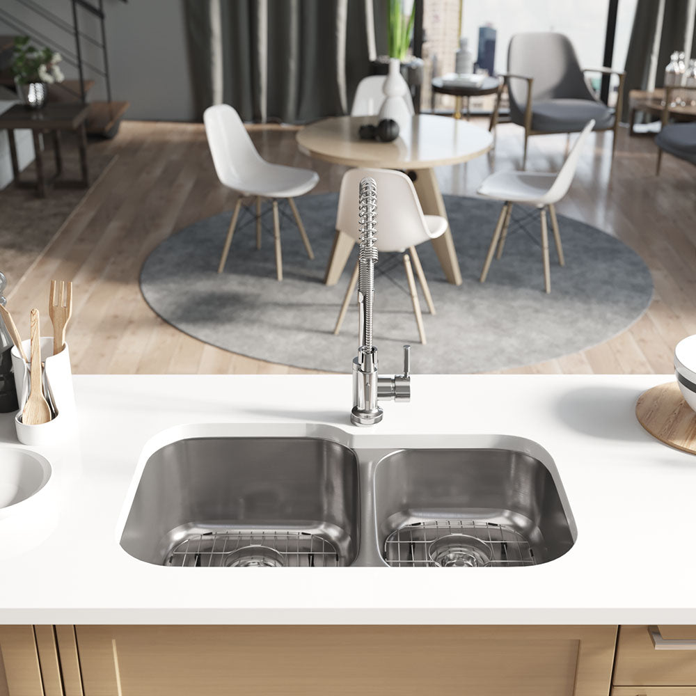 Rene 32" Stainless Steel Kitchen Sink, 55/45 Double Bowl, 16 Gauge, R1-1004L-16 - The Sink Boutique