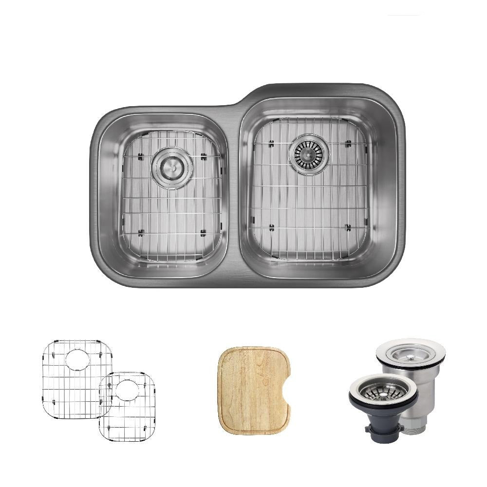 Rene 32" Stainless Steel Kitchen Sink, 45/55 Double Bowl, 18 Gauge, R1-1004R-18