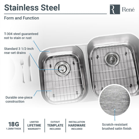 Rene 31 Stainless Steel Kitchen Sink, 55/45 Double Bowl, 18 Gauge