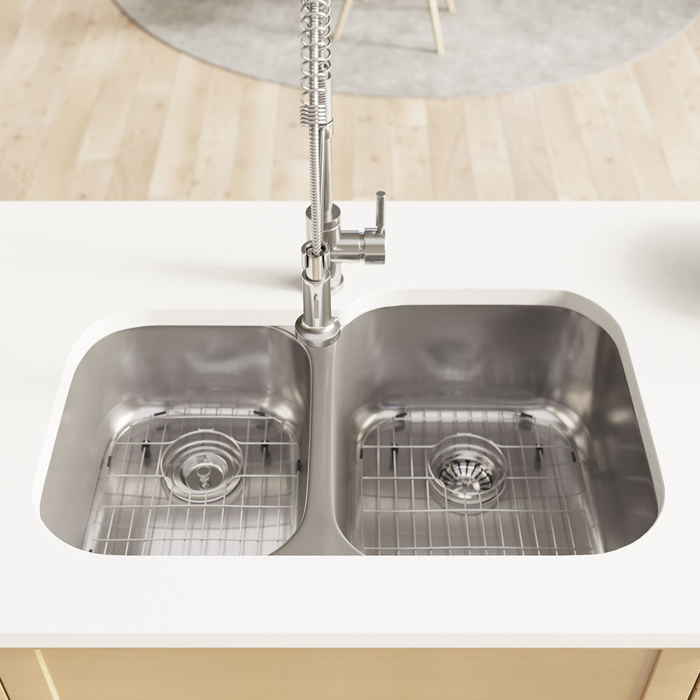 Rene 32" Stainless Steel Kitchen Sink, 45/55 Double Bowl, 18 Gauge, R1-1004R-18 - The Sink Boutique