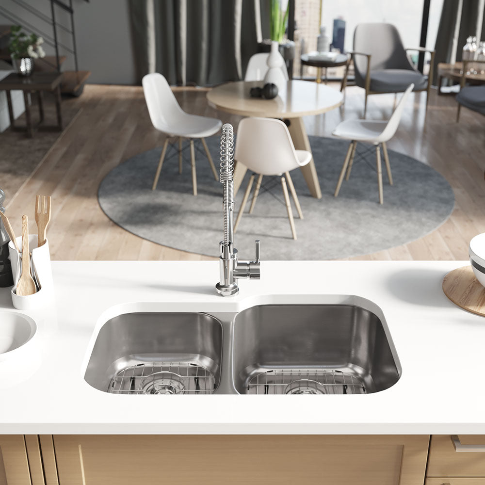 Rene 32" Stainless Steel Kitchen Sink, 45/55 Double Bowl, 18 Gauge, R1-1004R-18 - The Sink Boutique