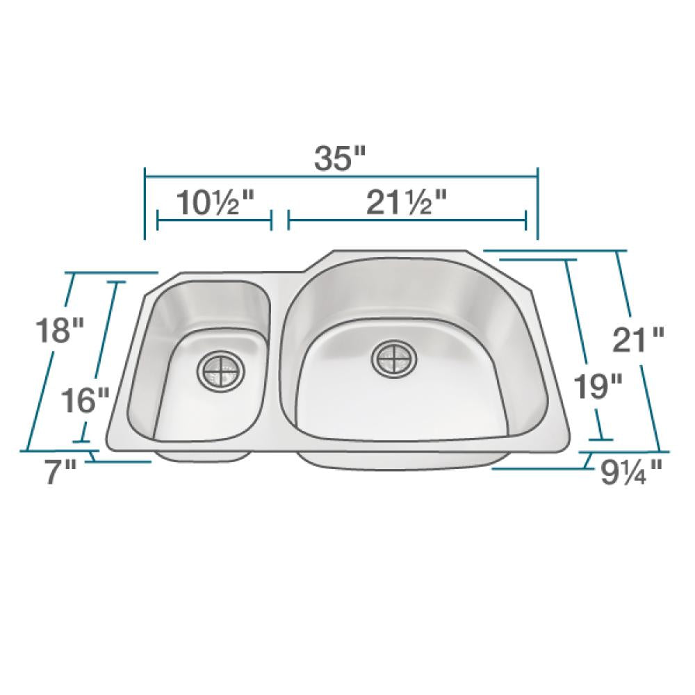 Rene 35" Stainless Steel Kitchen Sink, 30/70 Double Bowl, 18 Gauge, R1-1007R-18 - The Sink Boutique