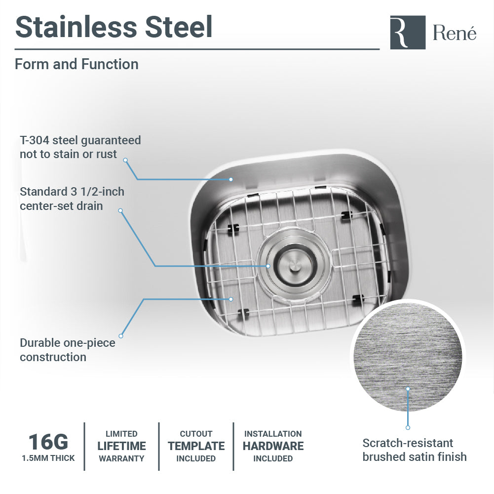Rene 15" Stainless Steel Bar/Prep Sink, 16 Gauge, R1-1012-16 - The Sink Boutique