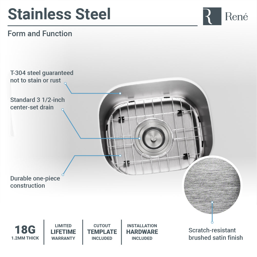 Rene 15" Stainless Steel Bar/Prep Sink, 18 Gauge, R1-1012-18 - The Sink Boutique