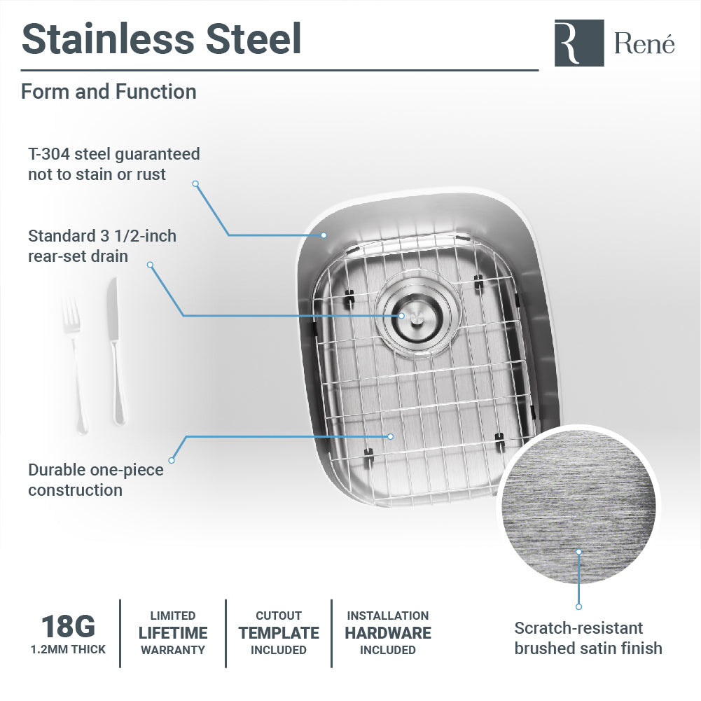 Rene 15" Stainless Steel Bar/Prep Sink, 18 Gauge, R1-1014-18 - The Sink Boutique