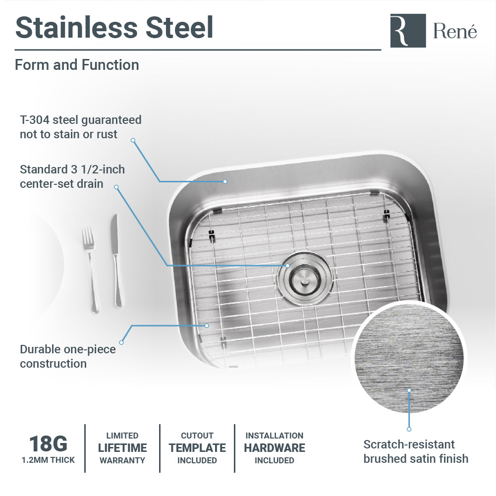 Rene 23" Stainless Steel Kitchen Sink, 18 Gauge, R1-1018-18 - The Sink Boutique
