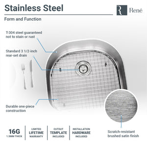 Alternate Image for Rene 24" Stainless Steel Kitchen Sink, 16 Gauge, R1-1020-16