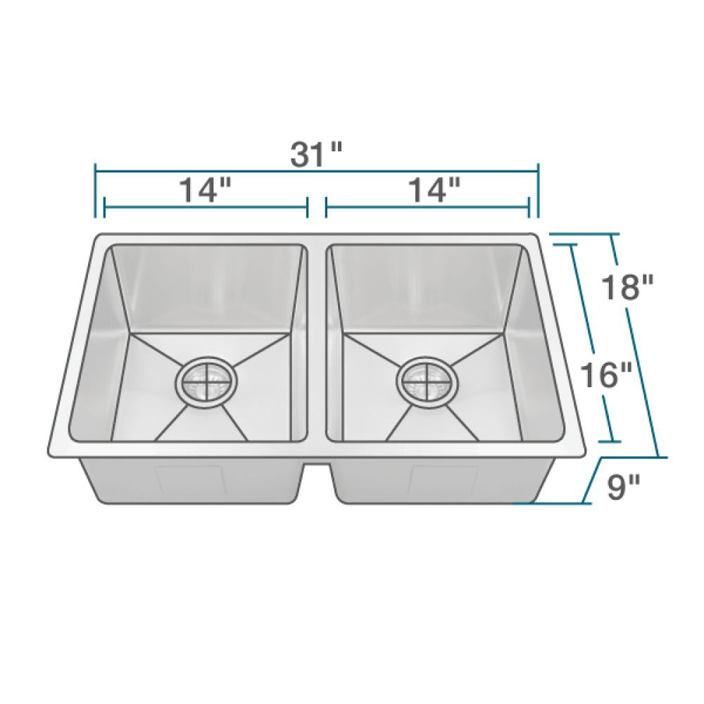Rene 31" Stainless Steel Kitchen Sink, 50/50 Double Bowl, 14 Gauge, R1-1022D-14 - The Sink Boutique