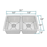 Rene 31" Stainless Steel Kitchen Sink, 50/50 Double Bowl, 16 Gauge, R1-1022D-16 - The Sink Boutique