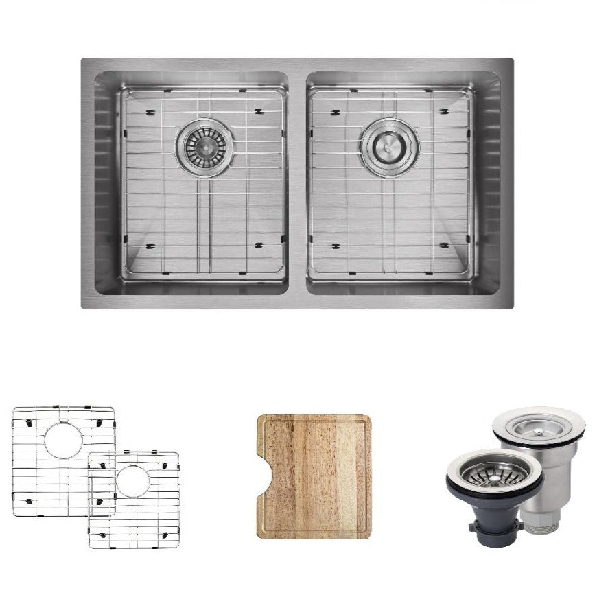 Rene 31" Stainless Steel Kitchen Sink, 50/50 Double Bowl, 18 Gauge, R1-1022D-18