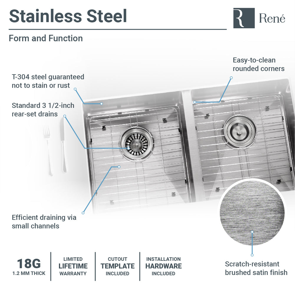 Rene 31" Stainless Steel Kitchen Sink, 50/50 Double Bowl, 18 Gauge, R1-1022D-18 - The Sink Boutique