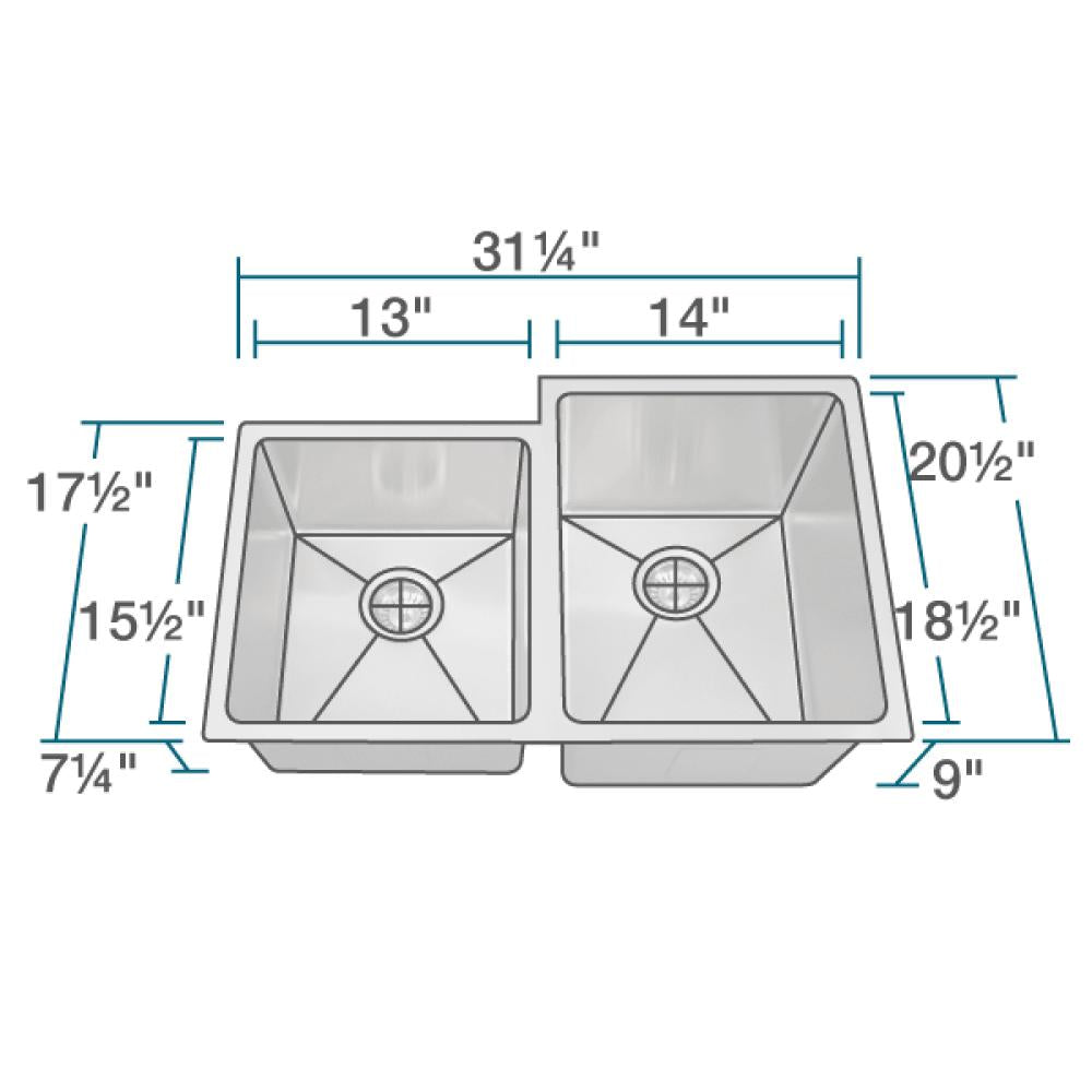 Rene 31" Stainless Steel Kitchen Sink, 45/55 Double Bowl, 16 Gauge, R1-1022R-16 - The Sink Boutique