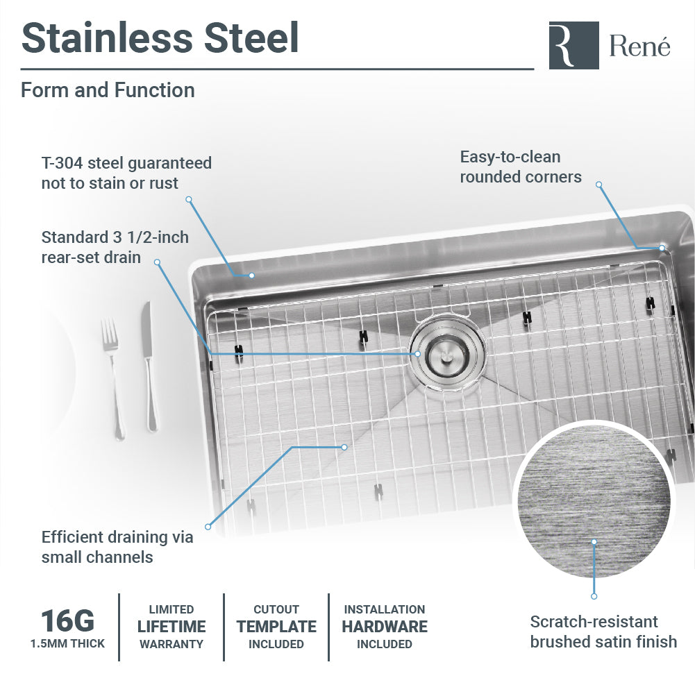 Rene 31" Stainless Steel Kitchen Sink, 16 Gauge, R1-1022S-16 - The Sink Boutique