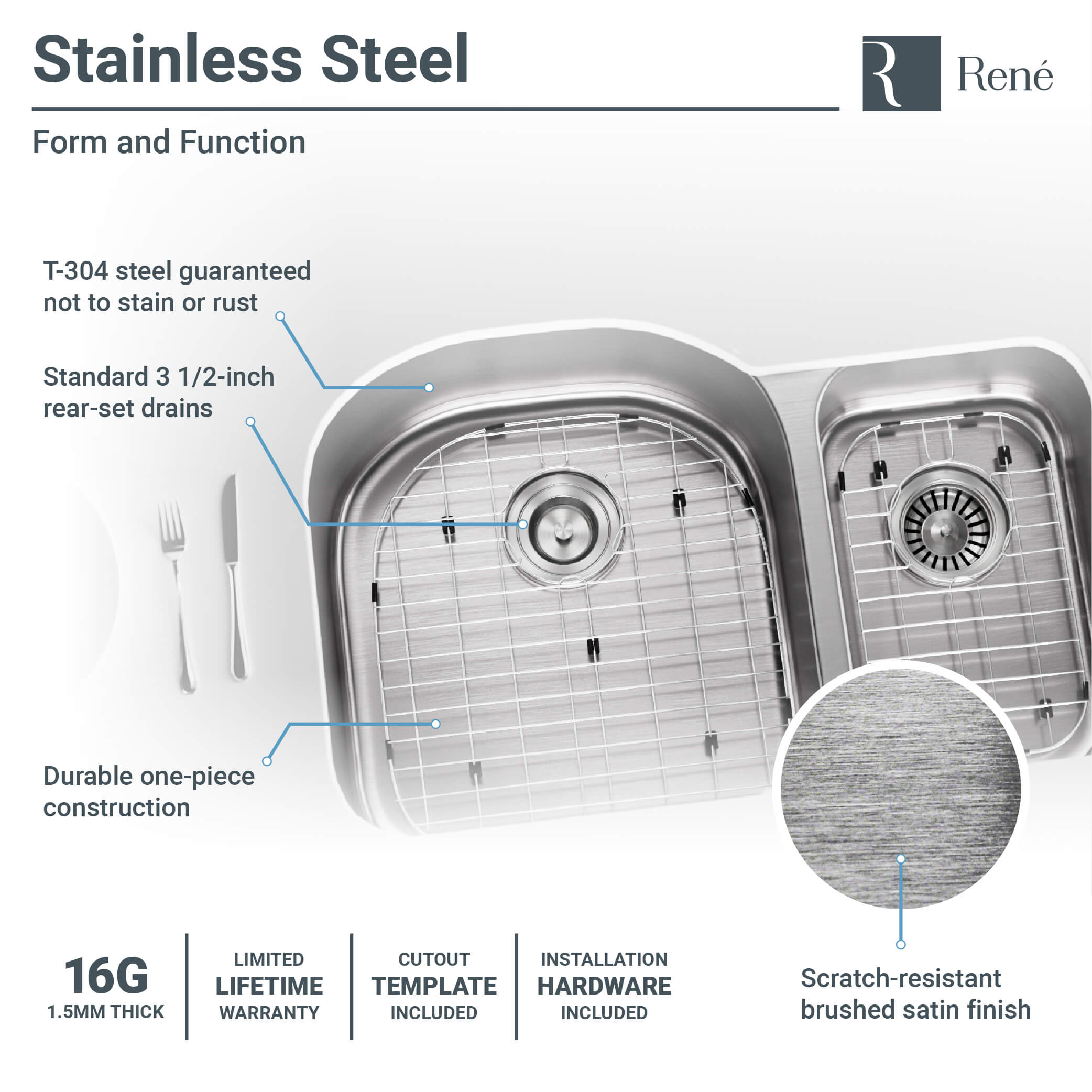 Rene 32" Stainless Steel Kitchen Sink, 65/35 Double Bowl, 16 Gauge, R1-1023L-16 - The Sink Boutique