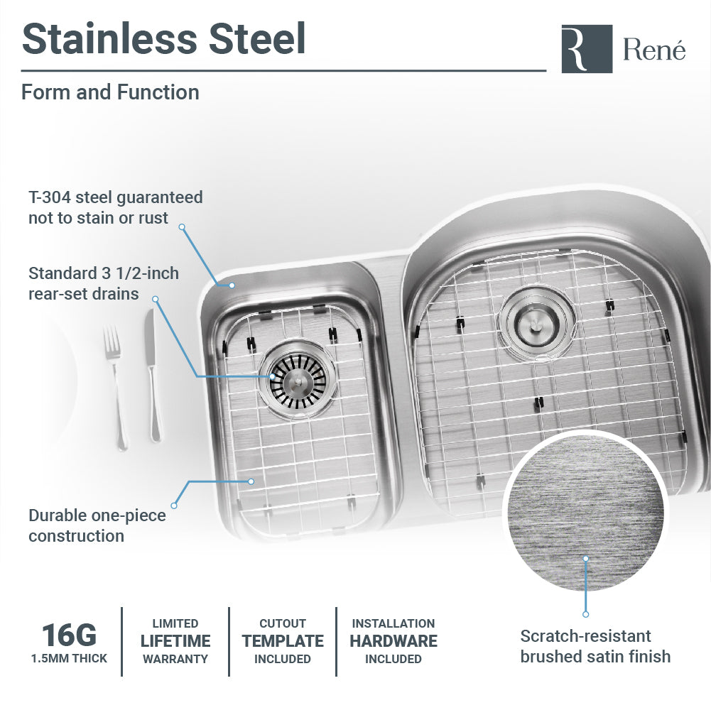 Rene 32" Stainless Steel Kitchen Sink, 35/65 Double Bowl, 16 Gauge, R1-1023R-16 - The Sink Boutique