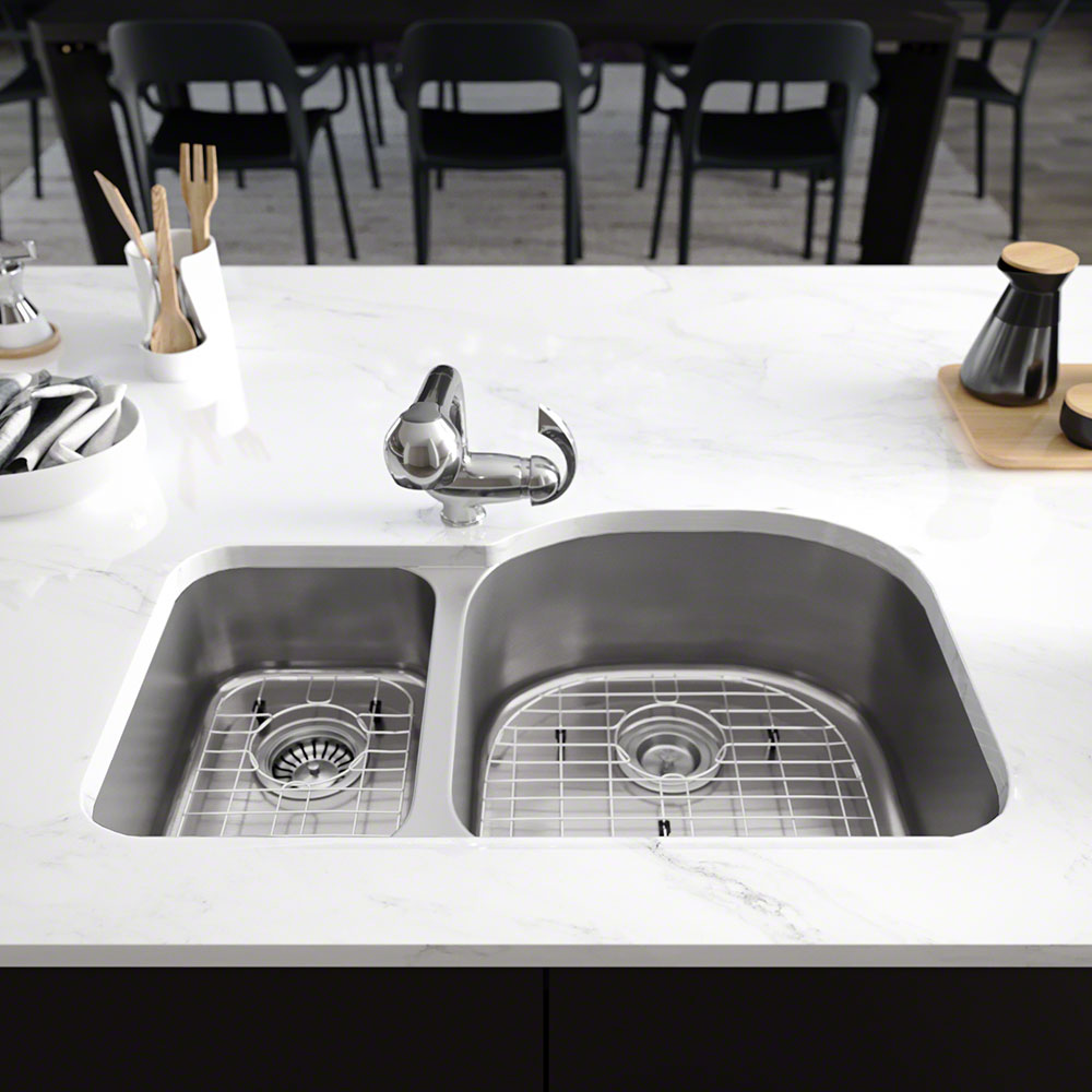 Rene 32" Stainless Steel Kitchen Sink, 35/65 Double Bowl, 16 Gauge, R1-1023R-16 - The Sink Boutique