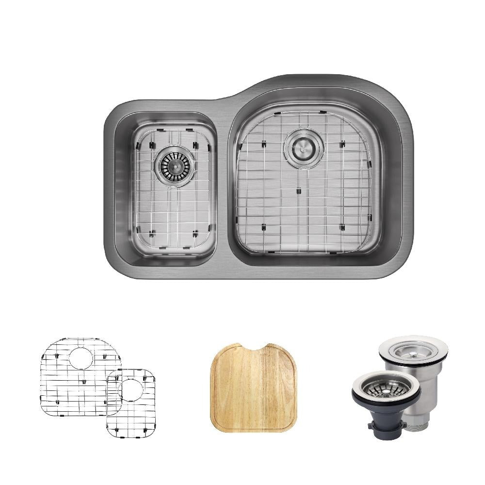 Rene 32" Stainless Steel Kitchen Sink, 35/65 Double Bowl, 18 Gauge, R1-1023R-18