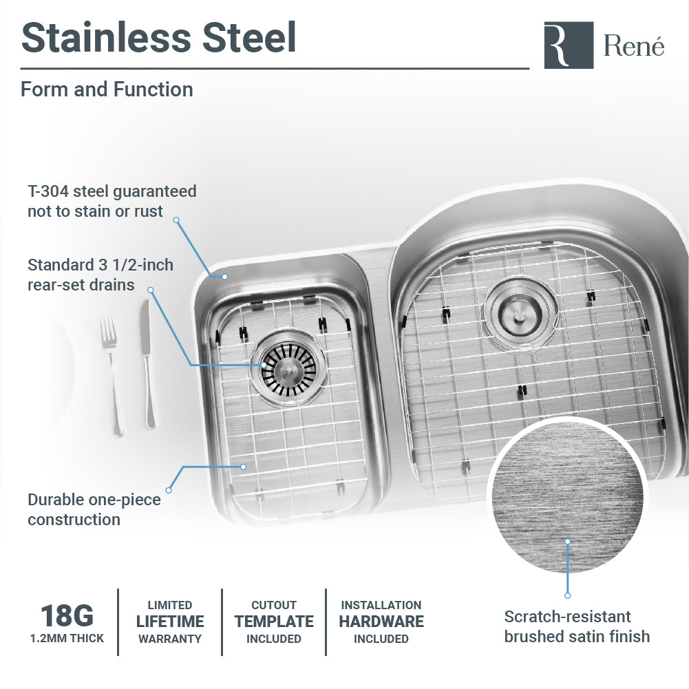 Rene 32" Stainless Steel Kitchen Sink, 35/65 Double Bowl, 18 Gauge, R1-1023R-18 - The Sink Boutique