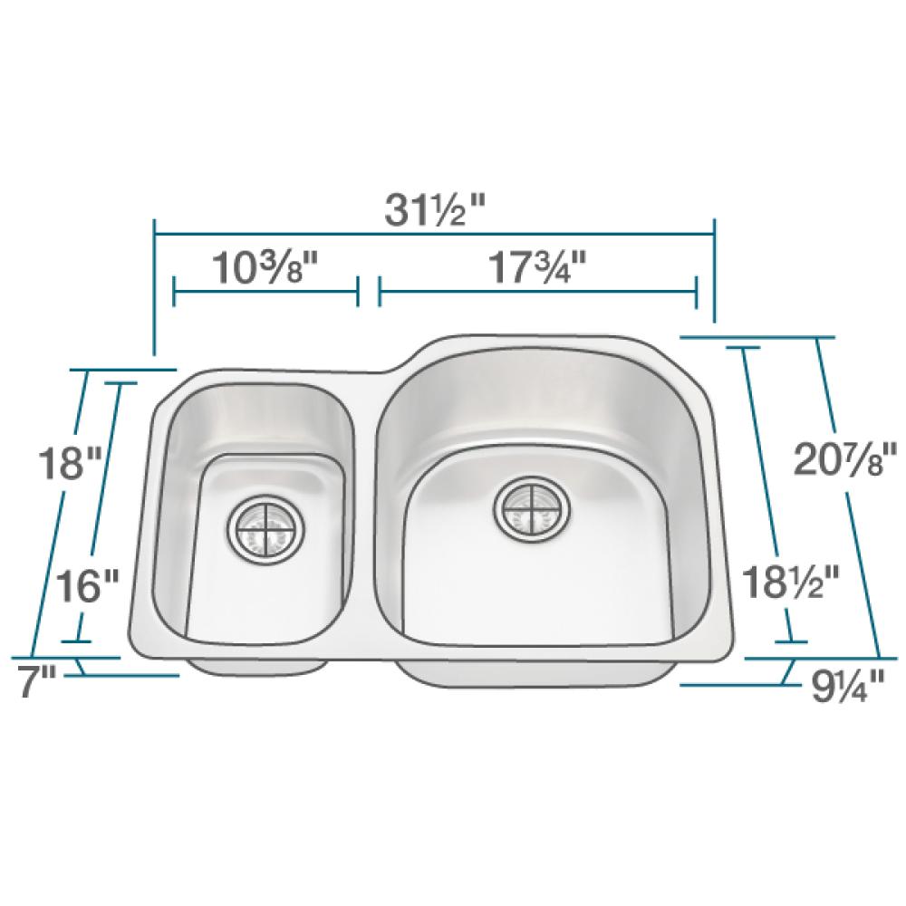 Rene 32" Stainless Steel Kitchen Sink, 35/65 Double Bowl, 18 Gauge, R1-1023R-18 - The Sink Boutique