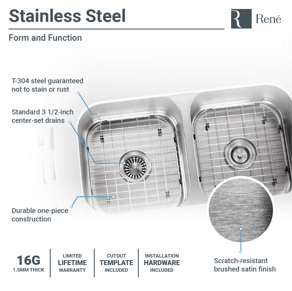 Rene 32" Stainless Steel Kitchen Sink, 50/50 Double Bowl, 16 Gauge, R1-1024A-16 - The Sink Boutique