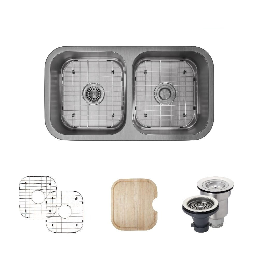 Rene 32" Stainless Steel Kitchen Sink, 50/50 Double Bowl, 18 Gauge, R1-1024A-18
