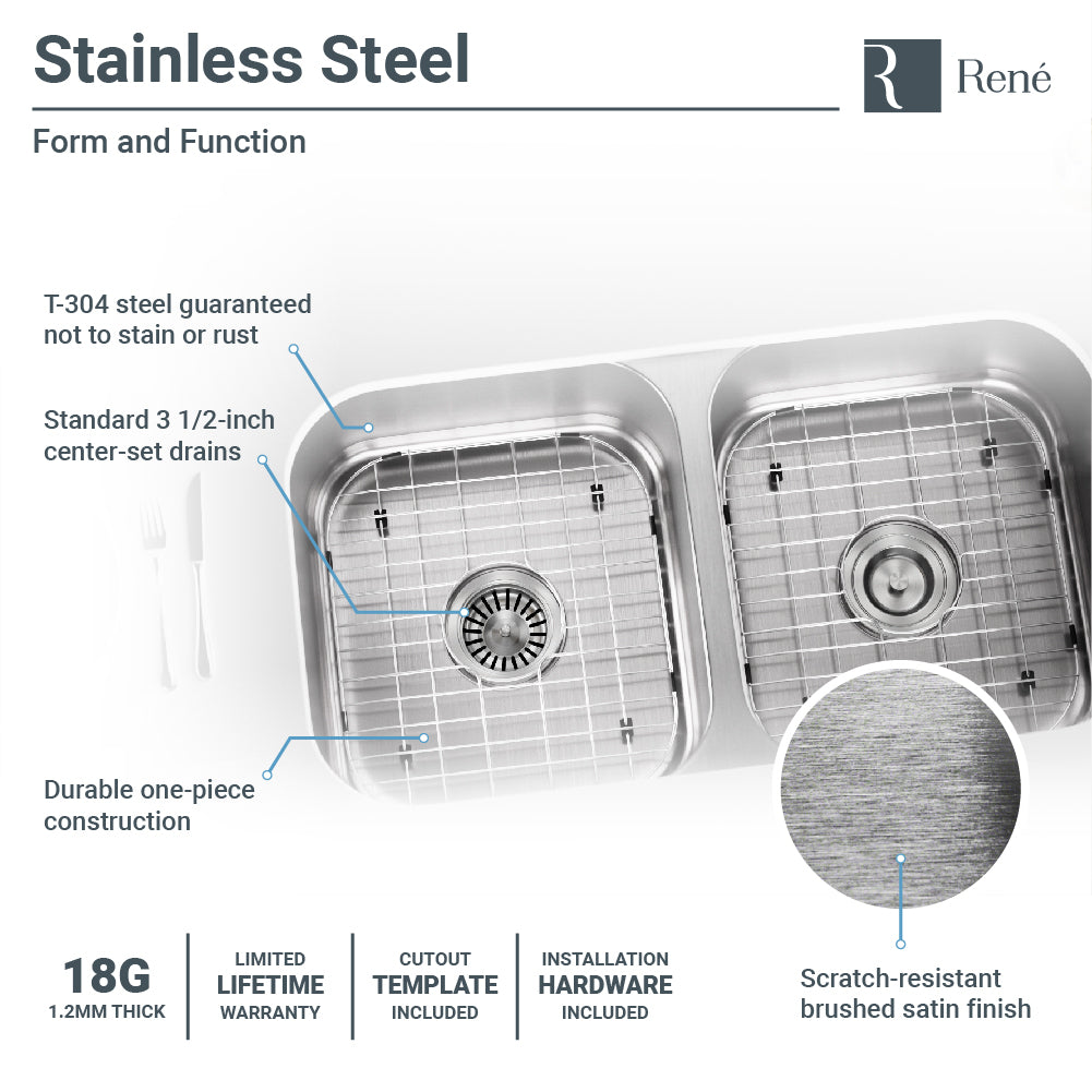 Rene 32" Stainless Steel Kitchen Sink, 50/50 Double Bowl, 18 Gauge, R1-1024A-18 - The Sink Boutique