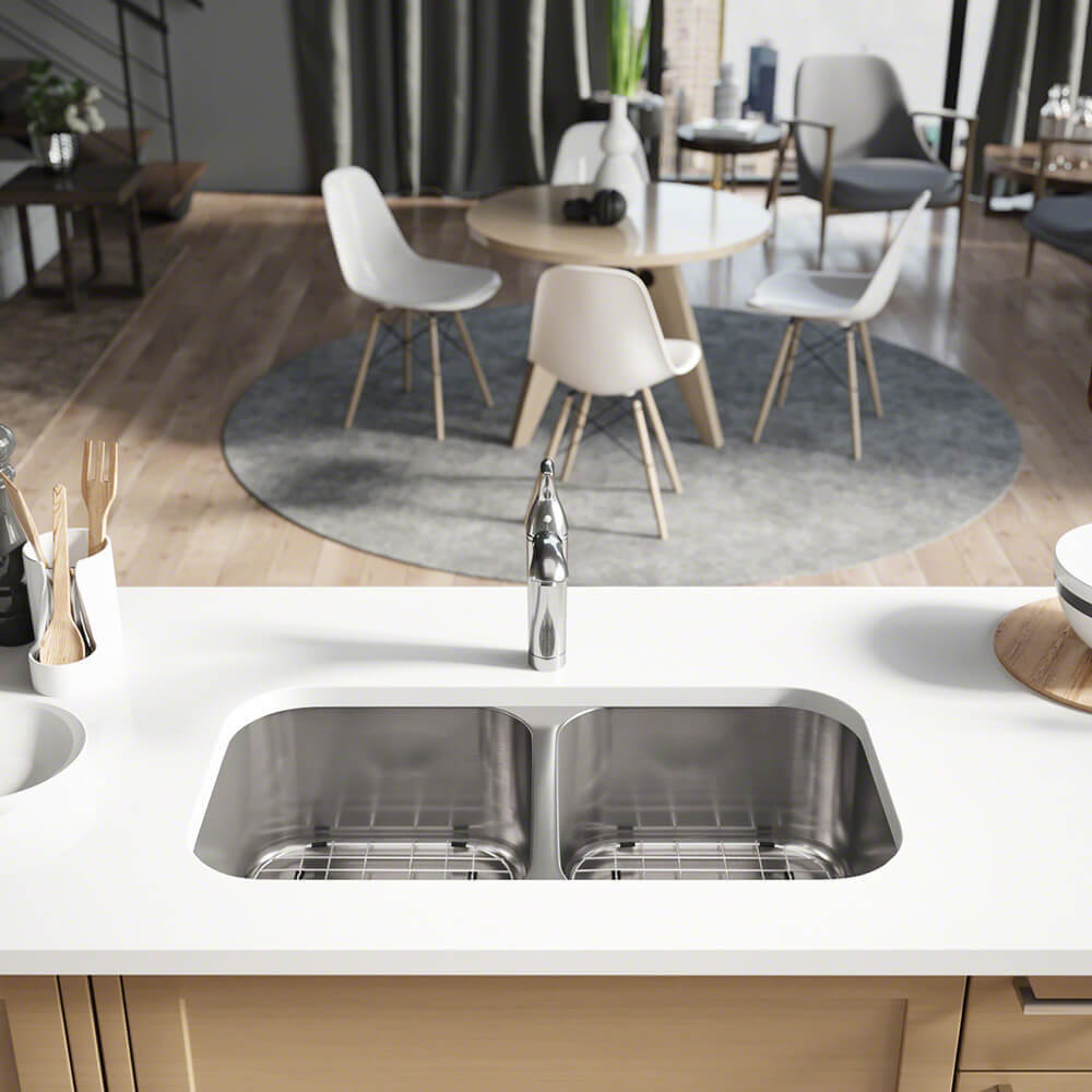 Rene 32" Stainless Steel Kitchen Sink, 50/50 Double Bowl, 18 Gauge, R1-1024A-18 - The Sink Boutique