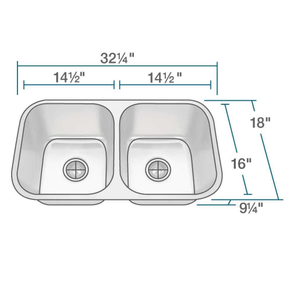 Rene 32" Stainless Steel Kitchen Sink, 50/50 Double Bowl, 18 Gauge, R1-1024A-18 - The Sink Boutique