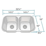 Rene 32" Stainless Steel Kitchen Sink, 50/50 Double Bowl, 18 Gauge, R1-1024A-18 - The Sink Boutique