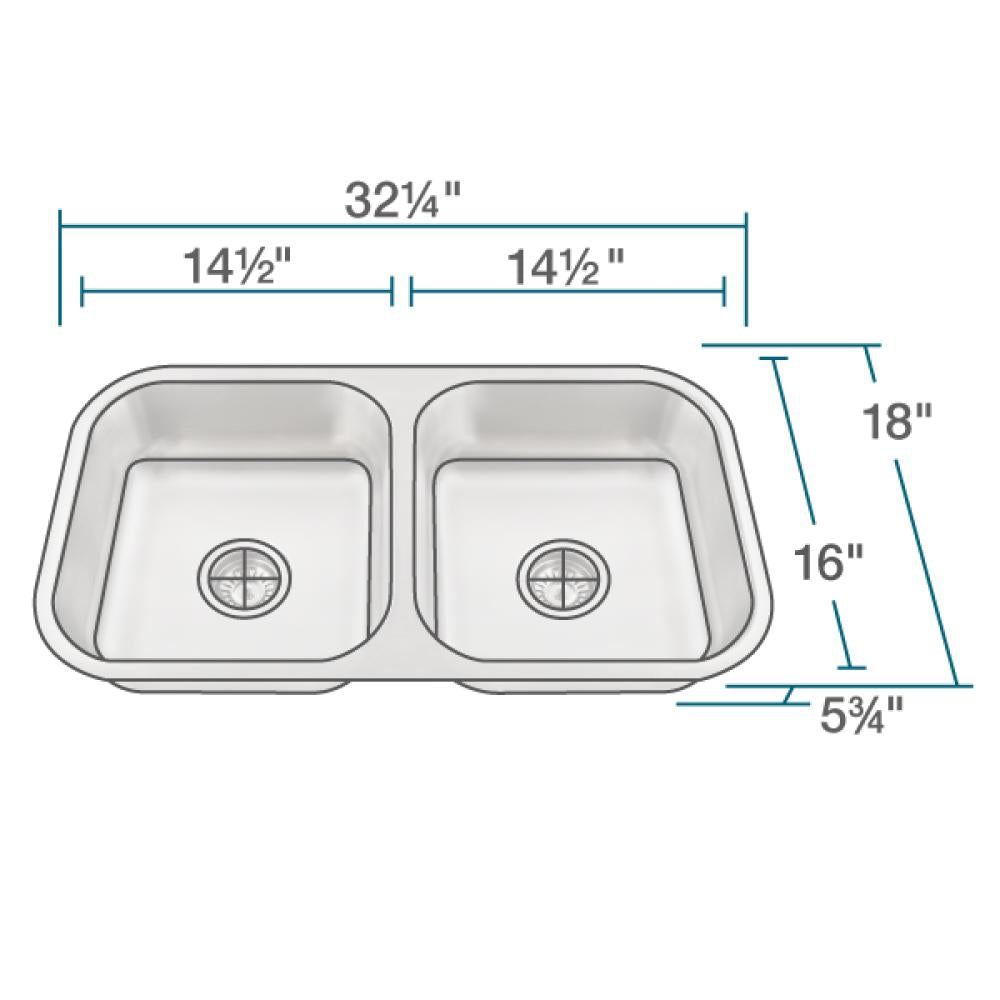 Rene 32" Stainless Steel Kitchen Sink, 50/50 Double Bowl, 18 Gauge, ADA Compliant, R1-1024A-ADA - The Sink Boutique