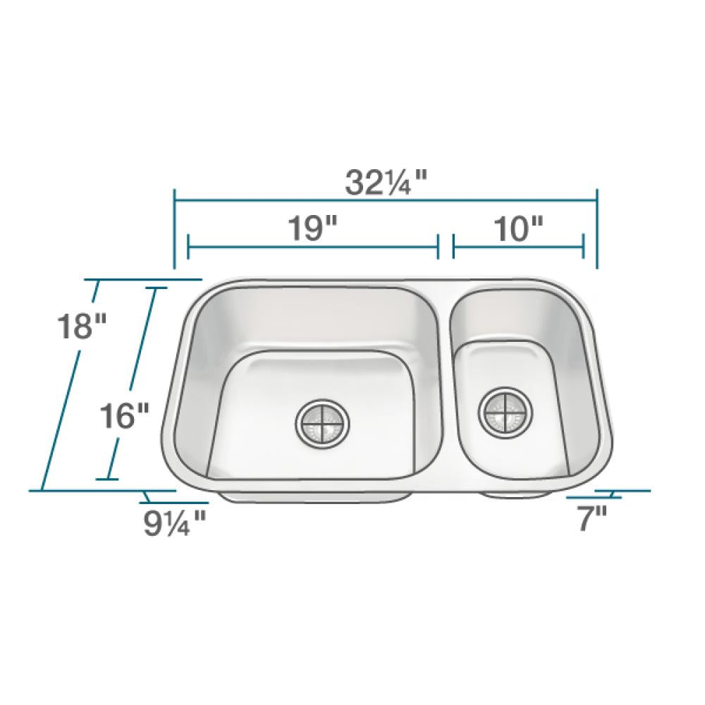 Rene 32" Stainless Steel Kitchen Sink, 70/30 Double Bowl, 18 Gauge, R1-1024BL-18 - The Sink Boutique