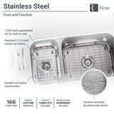 Rene 32" Stainless Steel Kitchen Sink, 30/70 Double Bowl, 16 Gauge, R1-1024BR-16 - The Sink Boutique