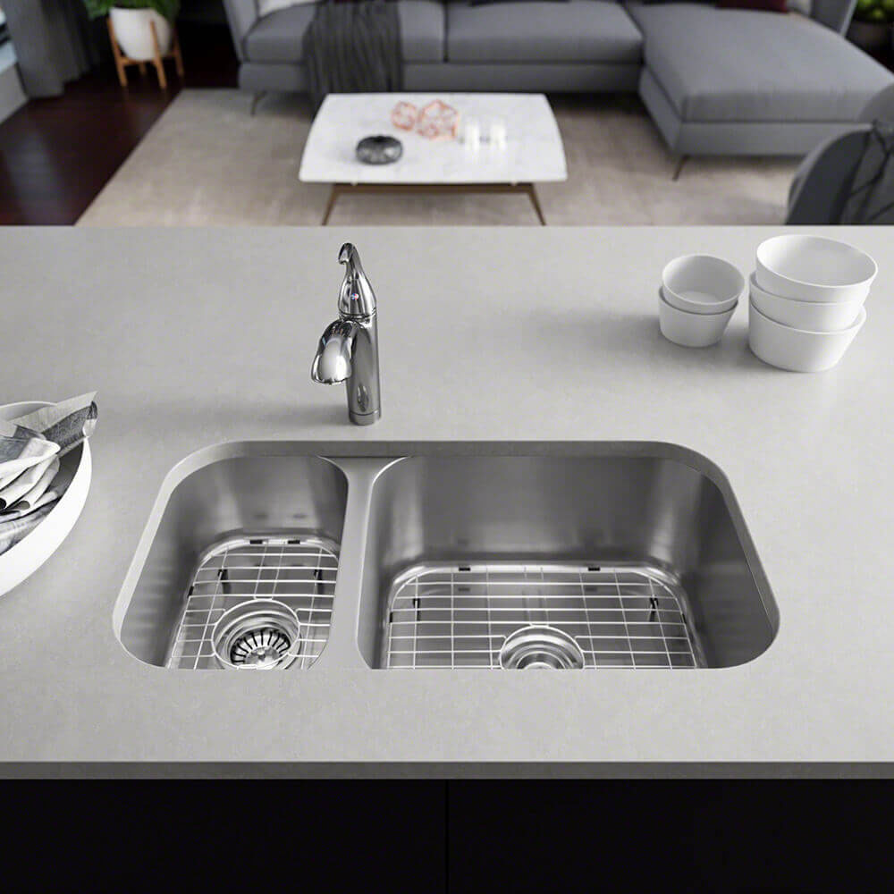Rene 32" Stainless Steel Kitchen Sink, 30/70 Double Bowl, 18 Gauge, R1-1024BR-18 - The Sink Boutique