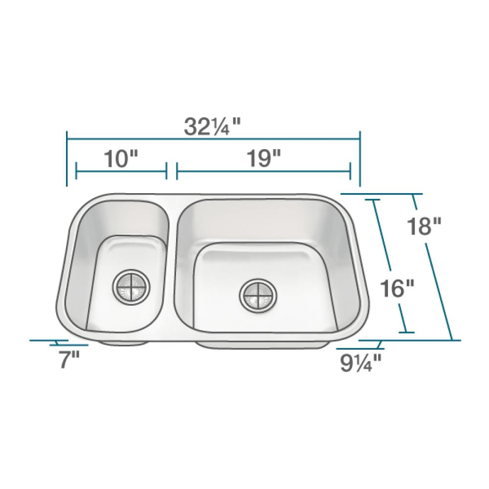 Rene 32" Stainless Steel Kitchen Sink, 30/70 Double Bowl, 18 Gauge, R1-1024BR-18 - The Sink Boutique