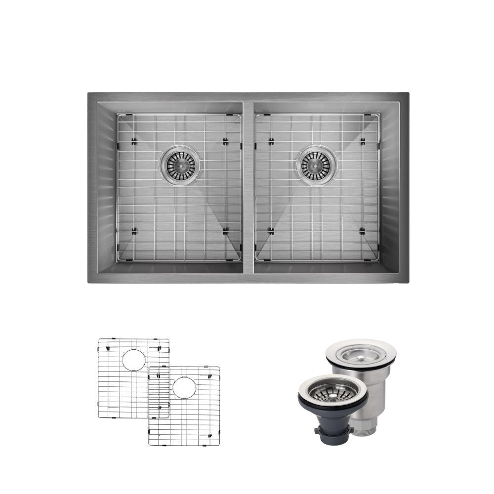 Rene 32" Stainless Steel Kitchen Sink, 50/50 Double Bowl, 16 Gauge, R1-1026D-16