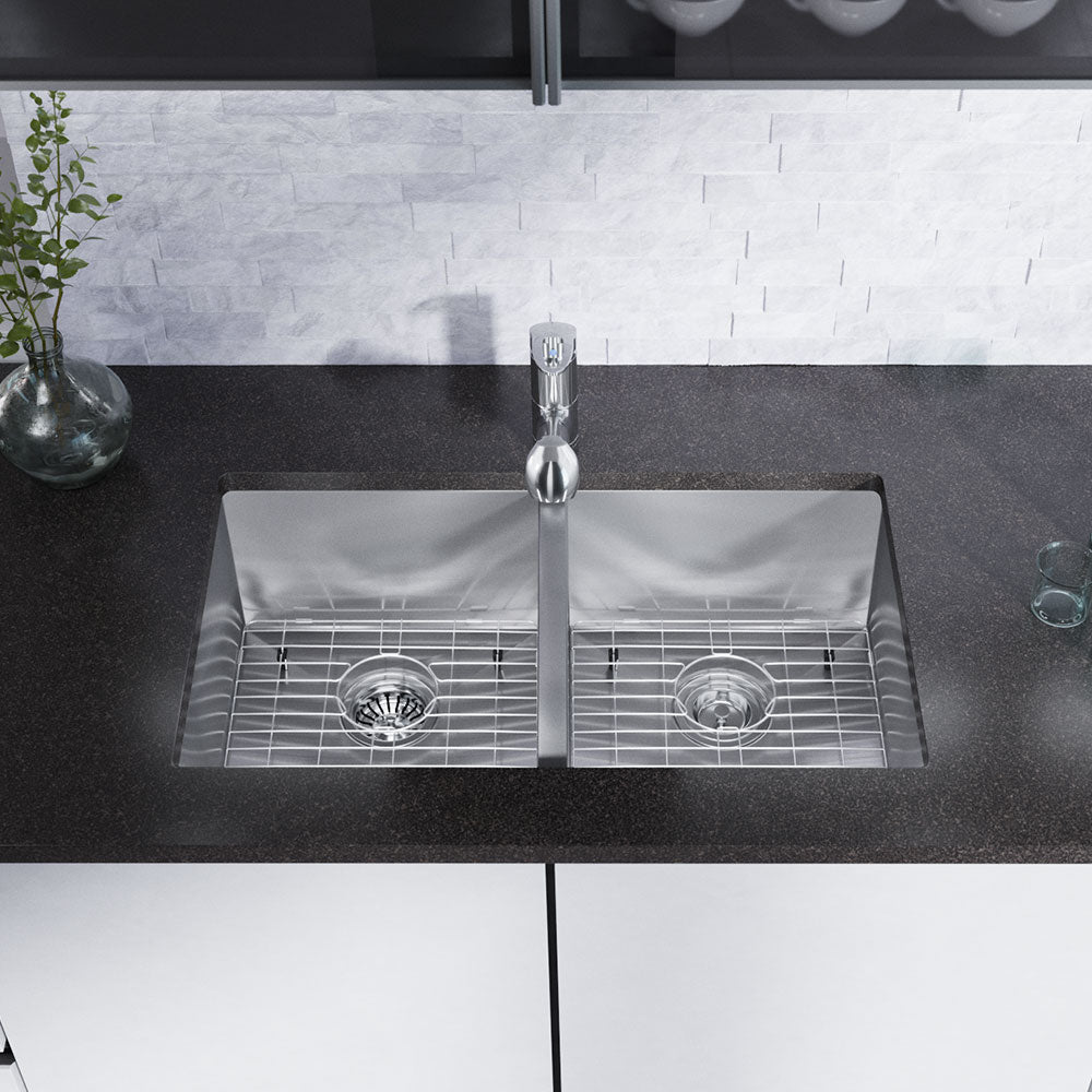Rene 32" Stainless Steel Kitchen Sink, 50/50 Double Bowl, 16 Gauge, R1-1026D-16 - The Sink Boutique