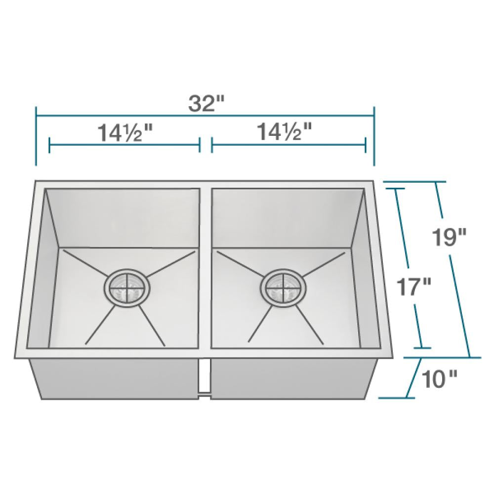Rene 32" Stainless Steel Kitchen Sink, 50/50 Double Bowl, 16 Gauge, R1-1026D-16 - The Sink Boutique