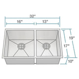 Rene 32" Stainless Steel Kitchen Sink, 55/45 Double Bowl, 16 Gauge, R1-1026L-16 - The Sink Boutique