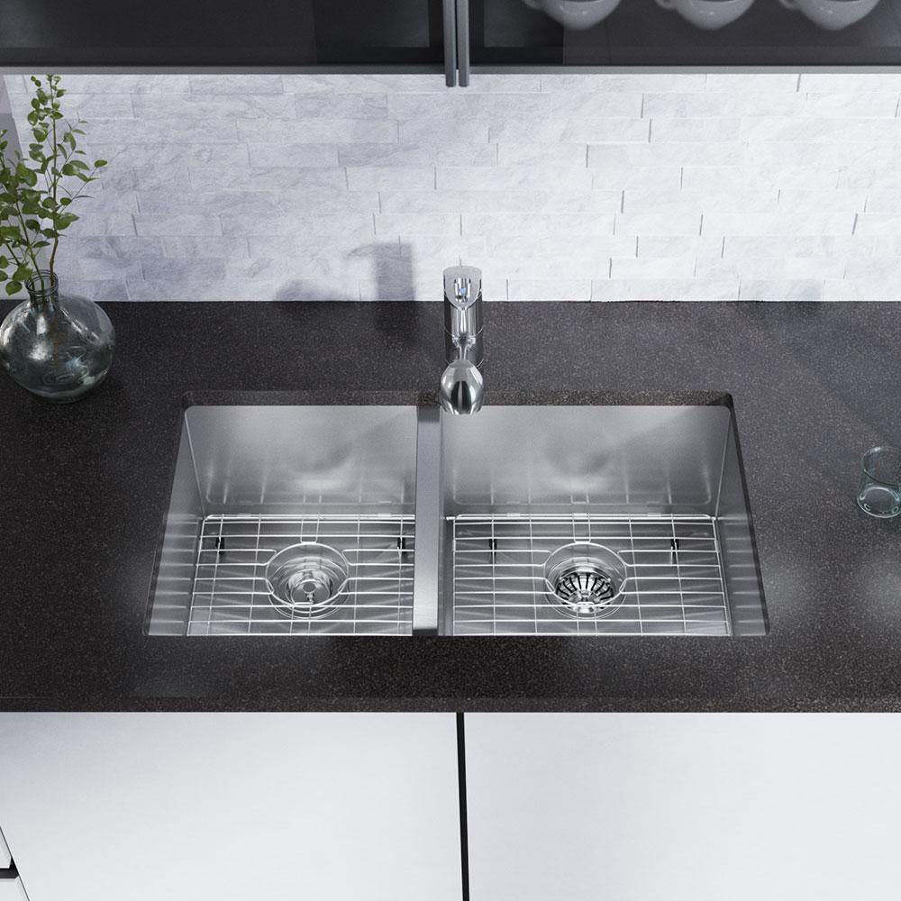 Rene 32" Stainless Steel Kitchen Sink, 45/55 Double Bowl, 16 Gauge, R1-1026R-16 - The Sink Boutique