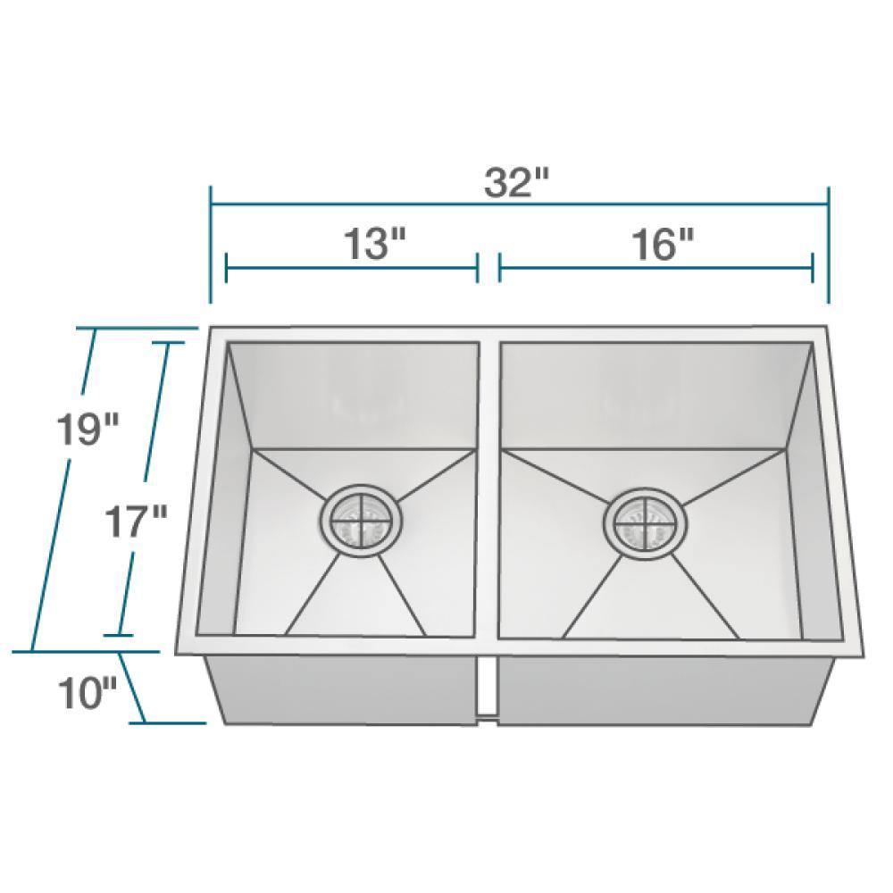 Rene 32" Stainless Steel Kitchen Sink, 45/55 Double Bowl, 16 Gauge, R1-1026R-16 - The Sink Boutique