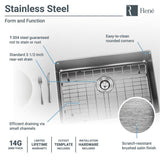 Rene 26" Stainless Steel Kitchen Sink, 14 Gauge, R1-1034S-14 - The Sink Boutique