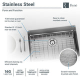 Rene 26" Stainless Steel Kitchen Sink, 16 Gauge, R1-1034S-16 - The Sink Boutique