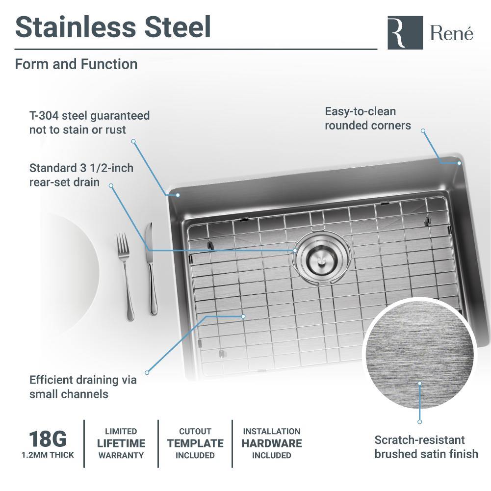 Rene 26" Stainless Steel Kitchen Sink, 18 Gauge, R1-1034S-18 - The Sink Boutique