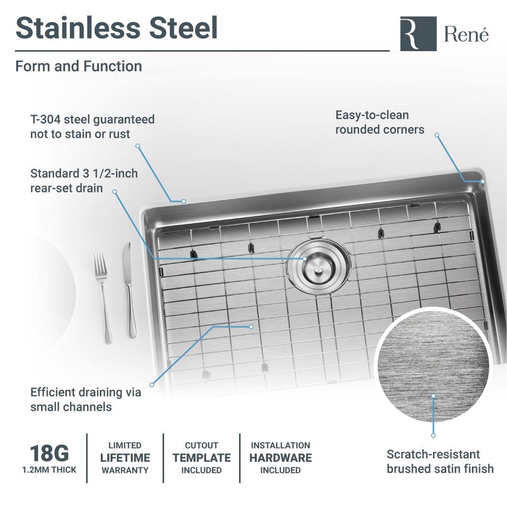 Rene 29" Stainless Steel Kitchen Sink, 18 Gauge, R1-1036S-18 - The Sink Boutique