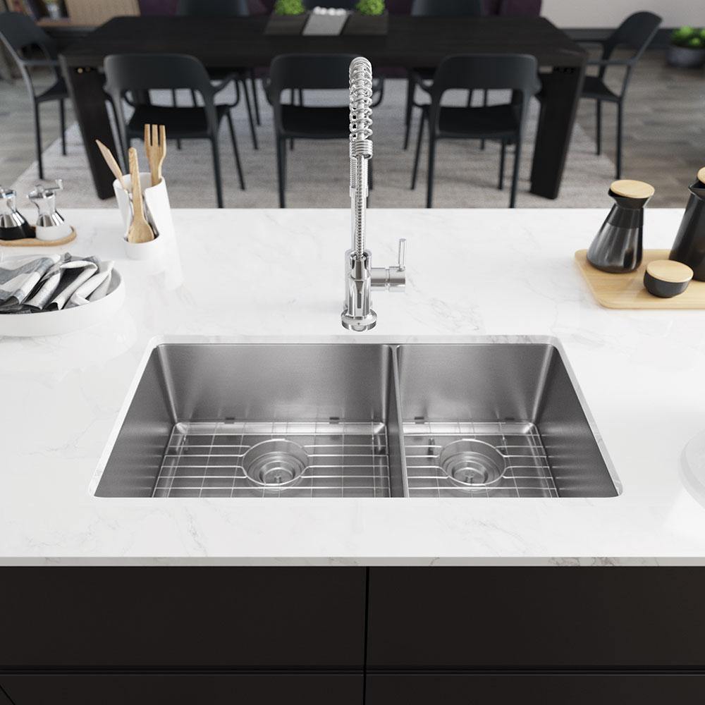 Rene 31" Stainless Steel Kitchen Sink, 60/40 Double Bowl, 14 Gauge, R1-1037L-14 - The Sink Boutique