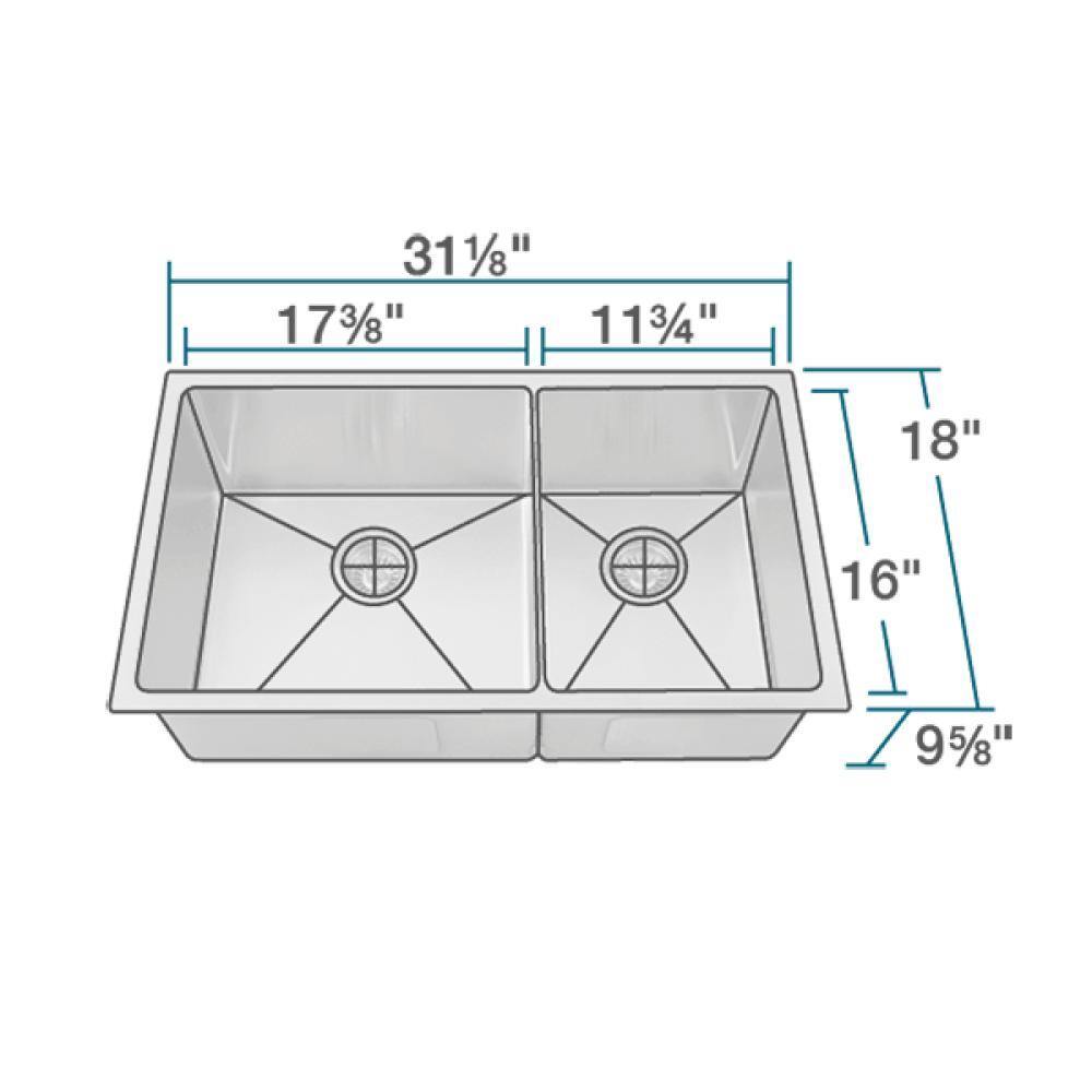 Rene 31" Stainless Steel Kitchen Sink, 60/40 Double Bowl, 14 Gauge, R1-1037L-14 - The Sink Boutique