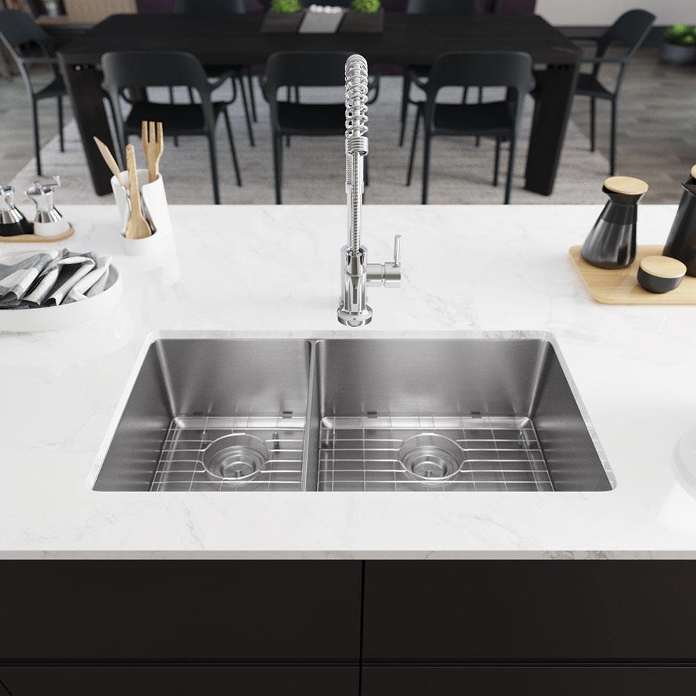 Rene 31" Stainless Steel Kitchen Sink, 40/60 Double Bowl, 18 Gauge, R1-1037R-18 - The Sink Boutique