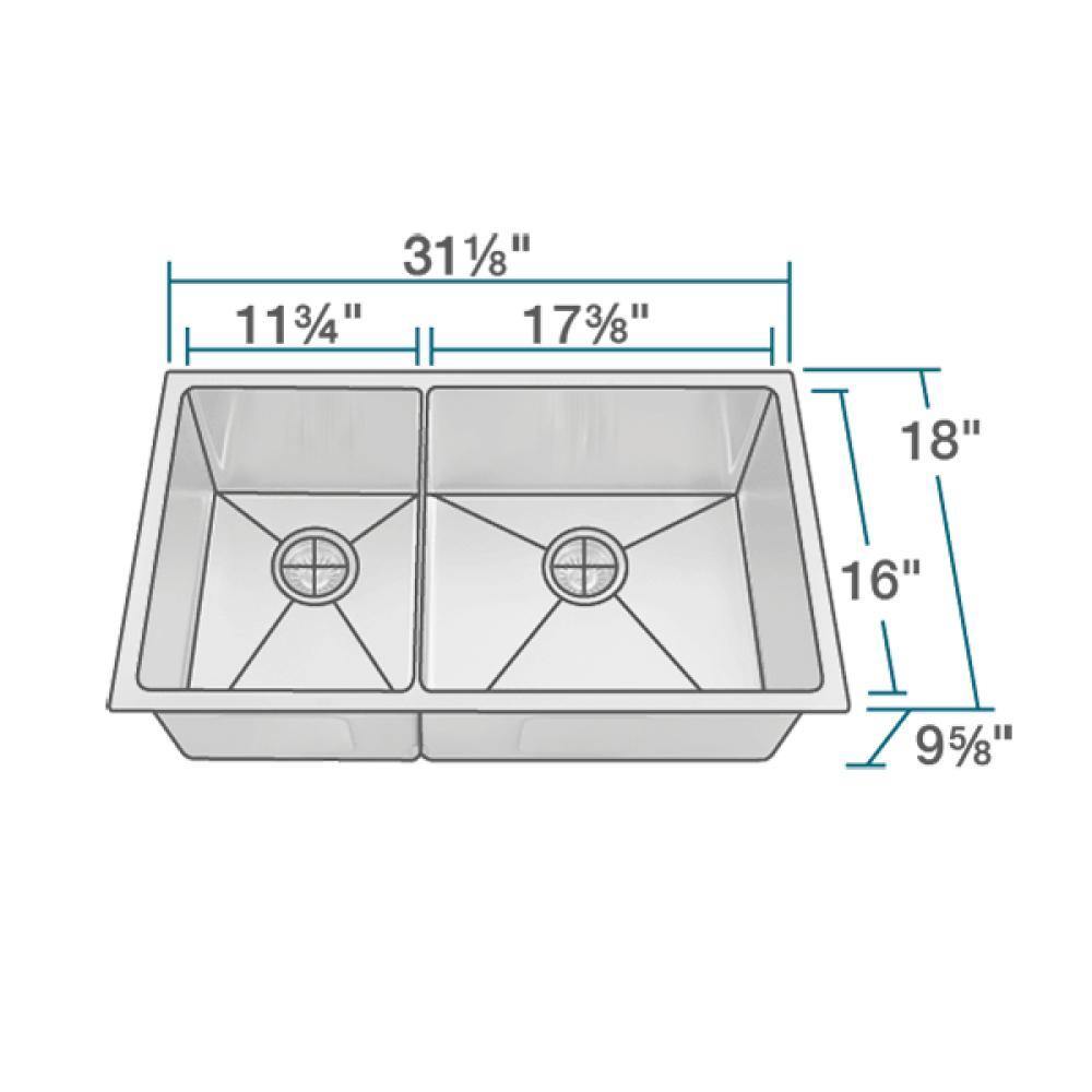 Rene 31" Stainless Steel Kitchen Sink, 40/60 Double Bowl, 18 Gauge, R1-1037R-18 - The Sink Boutique