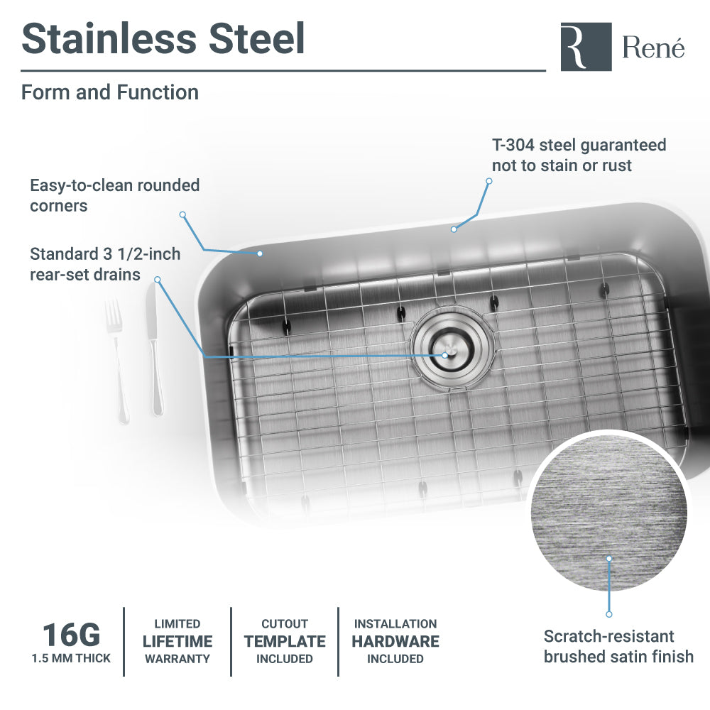 Rene 30" Stainless Steel Kitchen Sink, 16 Gauge, R1-1040-16 - The Sink Boutique