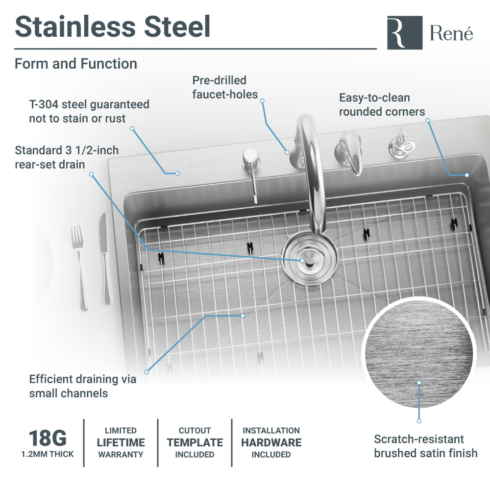 Rene 31" Stainless Steel Kitchen Sink, 18 Gauge, R1-2022S-18 - The Sink Boutique